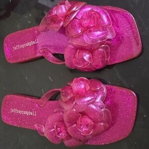 Jeffrey Campbell Hot Pink Sparkle Floralee Jelly Flip Flops